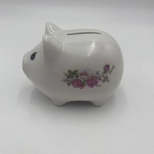 Vintage Small White Floral Pig Piggy Bank Has a Black Plug in the Bottom.